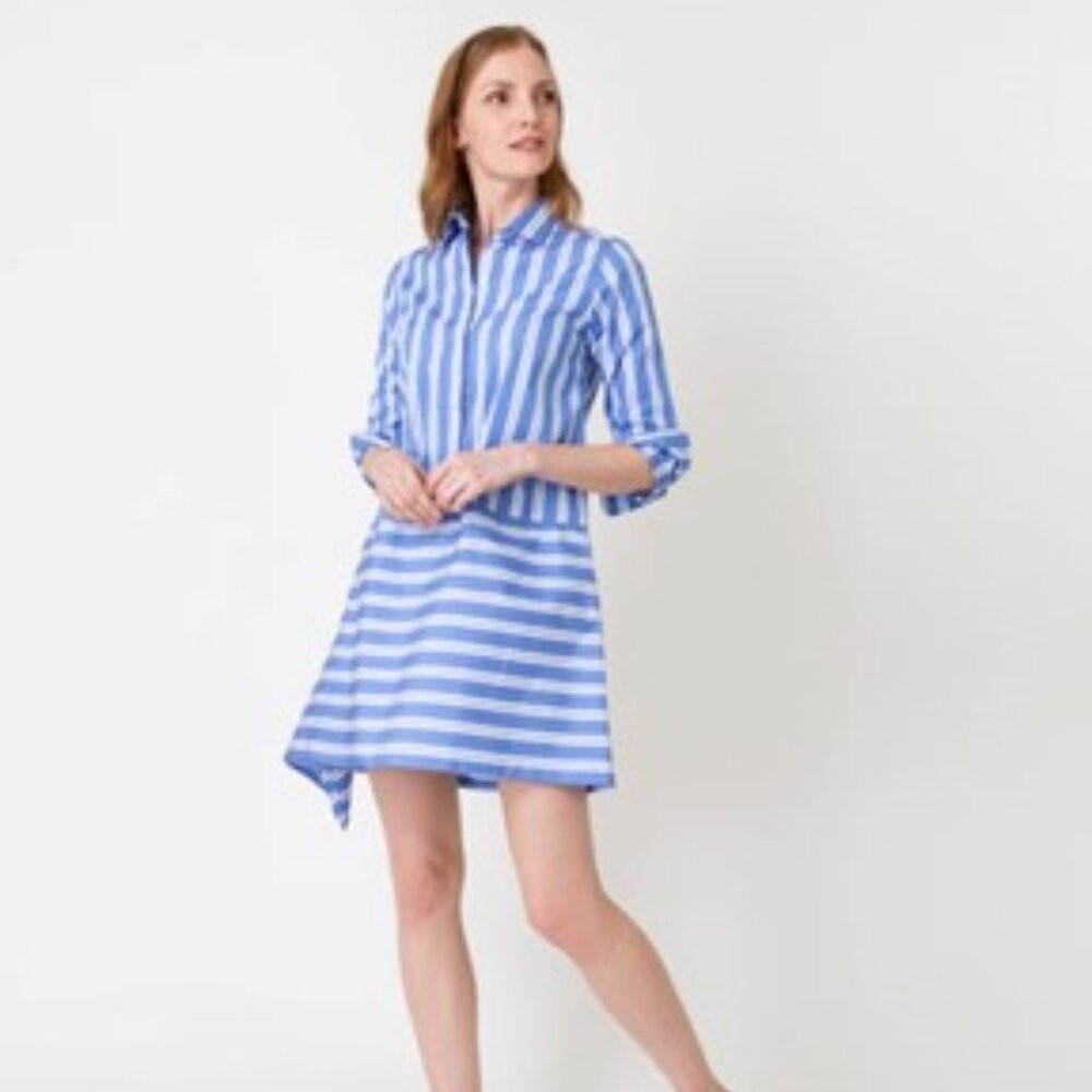 NWT Ann Mashburn Asymmetric Adeline Dress - French Blue Double Stripe Poplin
